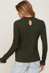 Olive Ribbed Ruffle Neck Long Sleeve Top