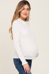 Cream Ribbed Ruffle Neck Long Sleeve Maternity Top