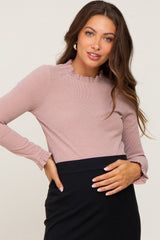 Mauve Ribbed Ruffle Neck Long Sleeve Maternity Top