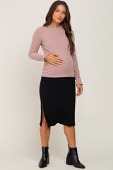 Mauve Ribbed Ruffle Neck Long Sleeve Maternity Top