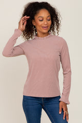 Mauve Ribbed Ruffle Neck Long Sleeve Maternity Top