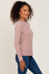 Mauve Ribbed Ruffle Neck Long Sleeve Top