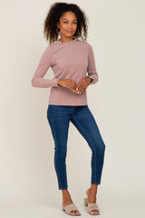 Mauve Ribbed Ruffle Neck Long Sleeve Top