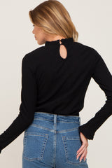 Black Ribbed Ruffle Neck Long Sleeve Top