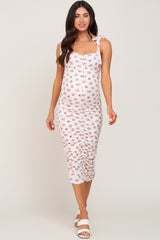 Ivory Floral Tie Strap Ruched Maternity Midi Dress