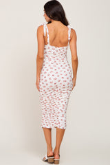 Ivory Floral Tie Strap Ruched Maternity Midi Dress