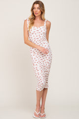 Ivory Floral Tie Strap Ruched Maternity Midi Dress