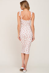 Ivory Floral Tie Strap Ruched Midi Dress