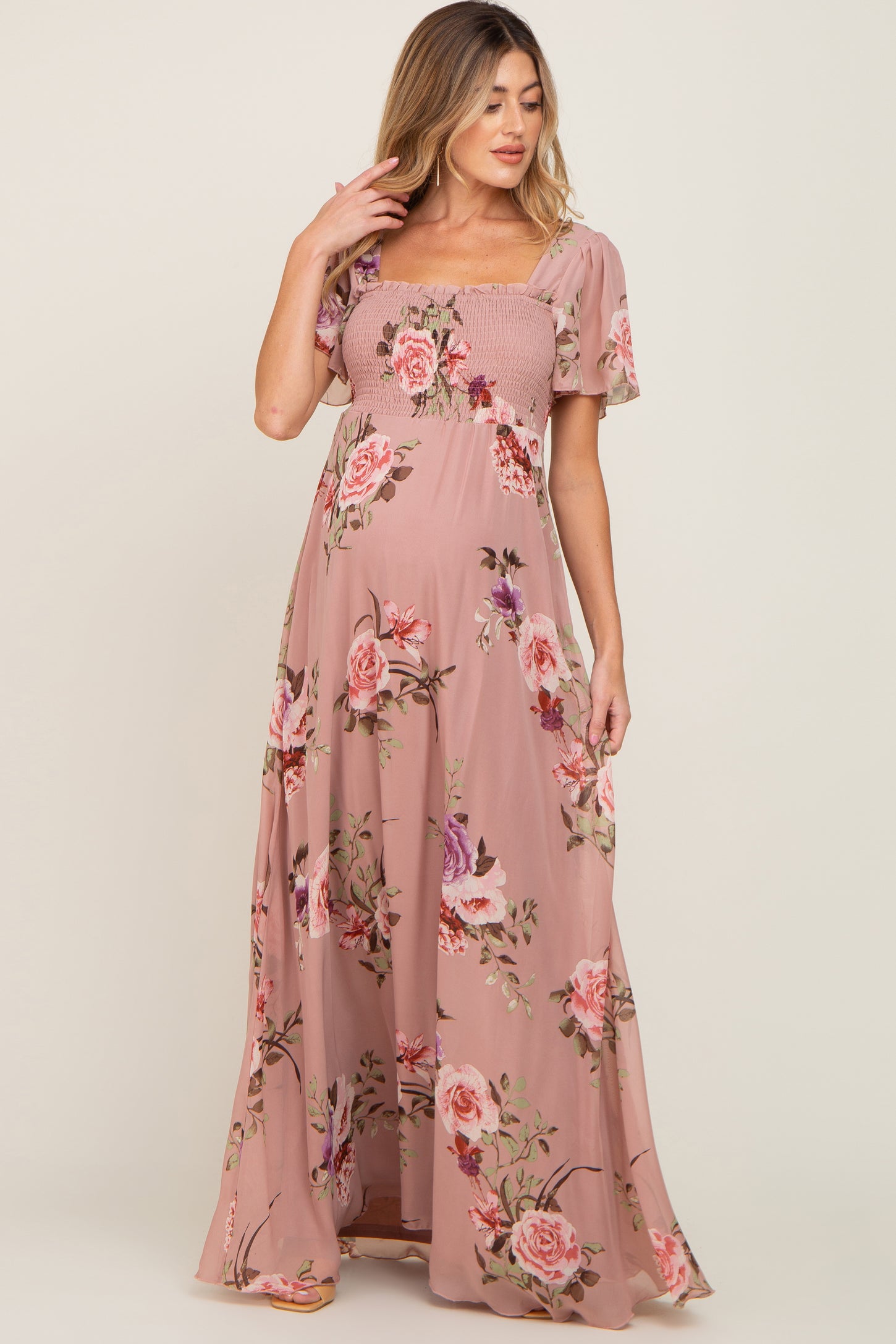 Mauve Floral Chiffon Smocked Maternity Maxi Dress– PinkBlush