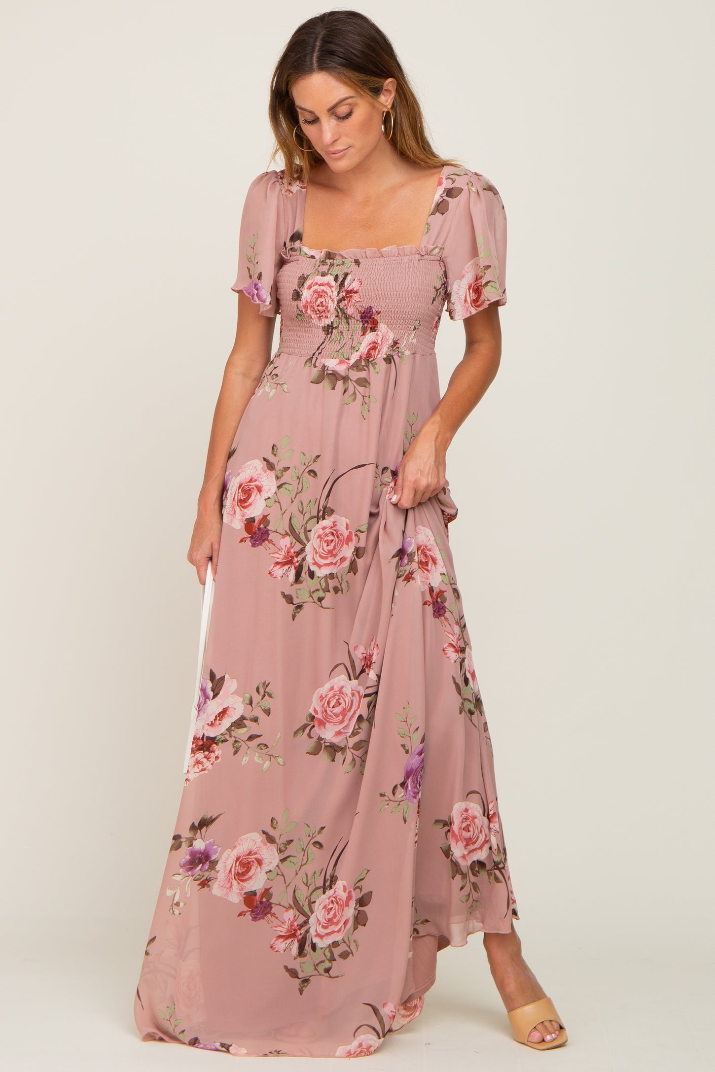 Mauve Floral Chiffon Smocked Maxi Dress– PinkBlush