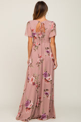 Mauve Floral Chiffon Smocked Maxi Dress