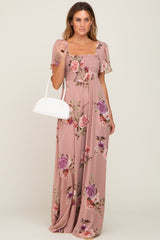 Mauve Floral Chiffon Smocked Maxi Dress