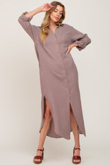 Taupe Button Down 3/4 Sleeve Maternity Midi Dress