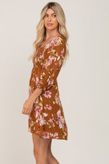 Camel Floral Smocked Dress