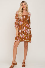 Camel Floral Smocked Dress