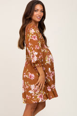 Camel Floral Smocked Maternity Dress