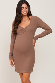 Mocha Ribbed Sweetheart Neck Maternity Dress