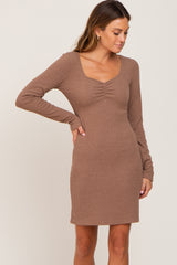 Mocha Ribbed Sweetheart Neck Maternity Dress