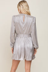 Silver Metallic Long Sleeve V-Neck Dress