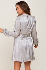 Silver Metallic Long Sleeve V-Neck Maternity Dress