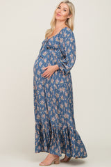 Teal Floral Tie Front Maternity Maxi Dress