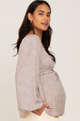 Beige Ditsy Floral Sweetheart Maternity Long Sleeve Top