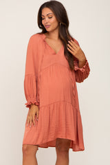 Salmon Dotted Tiered Maternity Dress