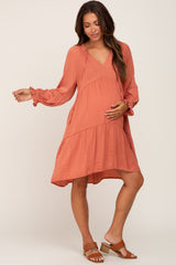 Salmon Dotted Tiered Maternity Dress