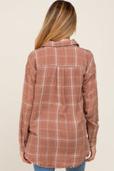 Rust Plaid Button Front Raw Hem Maternity Top