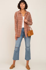 Rust Plaid Button Front Raw Hem Top