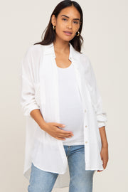 White Lightweight Front Pocket Button Up Maternity Top