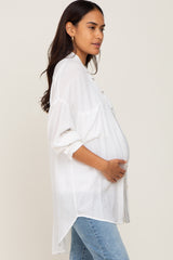 White Lightweight Front Pocket Button Up Maternity Top