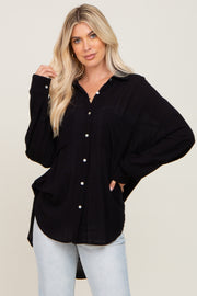 Black Lighweight Front Pocket Button Up Top