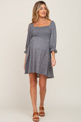 Grey Ditsy Print Smocked 3/4 Sleeve Maternity Dress