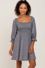 Grey Ditsy Print Smocked 3/4 Sleeve Maternity Dress