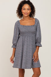 Grey Ditsy Print Smocked 3/4 Sleeve Dress