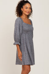 Grey Ditsy Print Smocked 3/4 Sleeve Dress