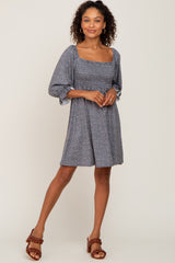 Grey Ditsy Print Smocked 3/4 Sleeve Dress