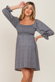 Grey Ditsy Print Smocked 3/4 Sleeve Maternity Dress