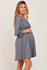 Grey Ditsy Print Smocked 3/4 Sleeve Maternity Dress