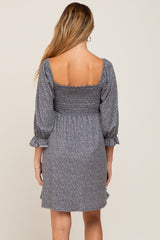 Grey Ditsy Print Smocked 3/4 Sleeve Maternity Dress