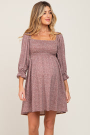 Brown Ditsy Print Smocked 3/4 Sleeve Maternity Dress