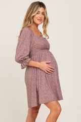 Brown Ditsy Print Smocked 3/4 Sleeve Maternity Dress