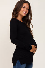 Black Ribbed Knit Side Slit Maternity Sweater