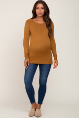 Camel Ribbed Knit Side Slit Maternity Sweater