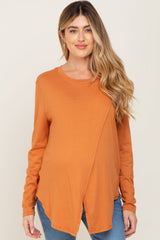 Camel Solid Front Overlap Maternity Long Sleeve Nursing Top