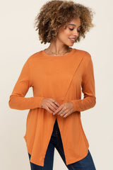 Camel Solid Front Overlap Long Sleeve Nursing Top