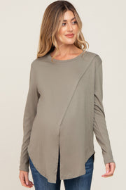 Olive Solid Front Overlap Maternity Long Sleeve Nursing Top