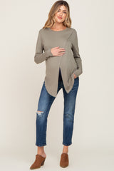 Olive Solid Front Overlap Maternity Long Sleeve Nursing Top