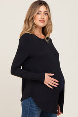 Black Solid Front Overlap Maternity Long Sleeve Top